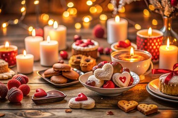Naklejka premium Romantic Tilt-Shift Photography of Valentine's Day Celebrations with Heart-Shaped Decorations, Candles, and Sweet Treats in a Cozy Setting for a Dreamy Atmosphere