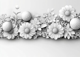Golf Balls and Floral Art Timeless Elegance, White Flowers, Botanic Pattern, 3D Decorative Golf Theme, Intricate Design, Elegance in Textured White Relief Art