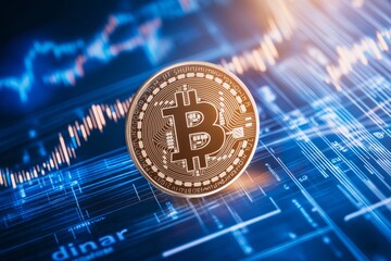 Bitcoin coin with digital market chart on a blue background. Concept of cryptocurrency trading and financial technology.
