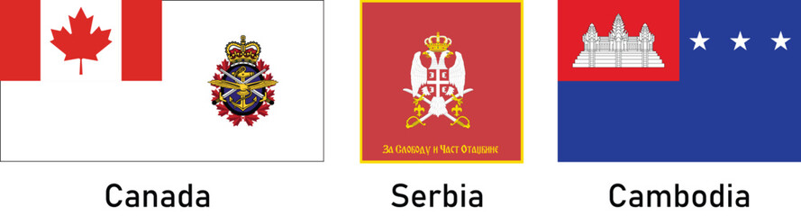 Army flags in the Canada, Serbia and Cambodia vector illustration.