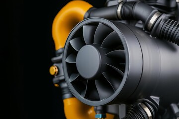 Close-up of a turbo engine component, showcasing intricate design and engineering precision.