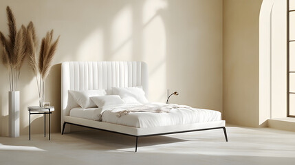 modern soft bed with stylish headboard in serene room. Natural light enhances calm atmosphere