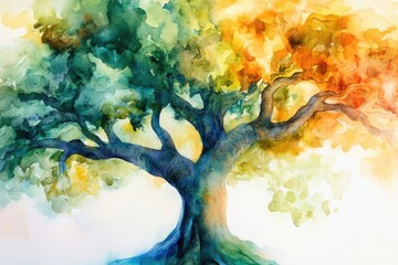 Watercolor painting of a large tree with lush green leaves and a sturdy trunk, suitable for use in nature-inspired designs or as a decorative element