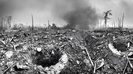 Fire Landscape: A barren landscape scarred by artillery fire, with craters and smoke. 