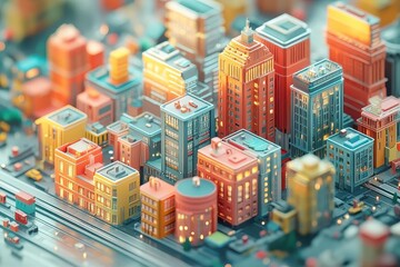 Obraz premium Cityscape: Miniature Buildings with Vibrant Colors and Illuminated Windows
