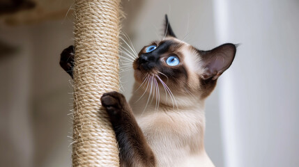 Siamese cat interacting with a cat tree or scratching post, highlighting its natural behaviors and activity