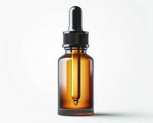 A clear glass dropper bottle with a black cap, typically used for essential oils or serums, sits against a light background.