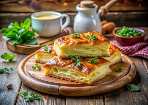 Savory Achma: Traditional Georgian Cheese Pastry with Golden Crust and Melted Cheese, Perfectly Baked to Perfection, Showcasing a Delicious Culinary Heritage in a Rustic Setting