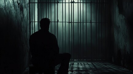 A silhouette of a man sitting in prison, in black and white