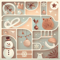 cute and whimsical christmas card with snowman, snake, bear and christmas decorations,
