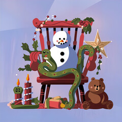 Fototapeta premium cute and whimsical christmas card with snowman, snake, bear and christmas decorations,