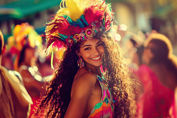 Happy Brazilian woman parading at a carnival party