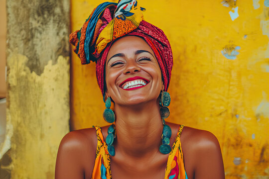 Happy Cuban woman on a yellow wall with a headscarf