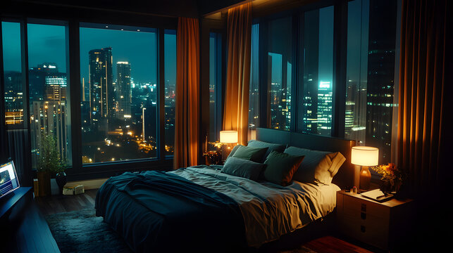 cozy king size bed in modern city apartment at night, with stunning views