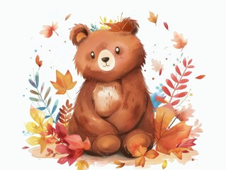 A cute cartoon bear sits among colorful autumn leaves, exuding warmth and charm in a whimsical, nature-inspired setting.
