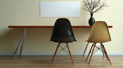Minimalist interior design with two chairs, wooden table, and blank canvas.
