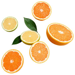 Citrus fruit slices, including oranges and lemons, falling against a black background.  Vibrant colors and juicy textures.