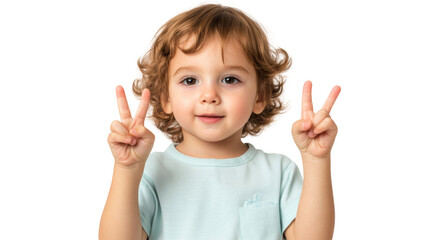 Cheerful child with curly hair making peace signs, expressing joy and innocence.