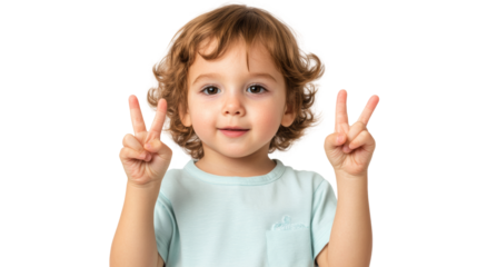 Cheerful child with curly hair making peace signs, expressing joy and innocence.