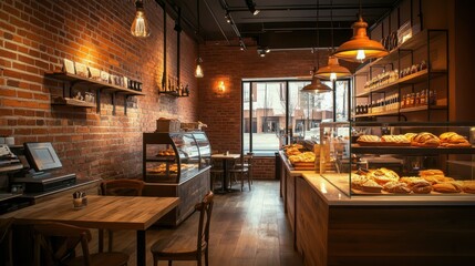The bakery features a well-organized display of various baked goods, wooden tables for seating, and warm lighting that creates a welcoming environment for customers.