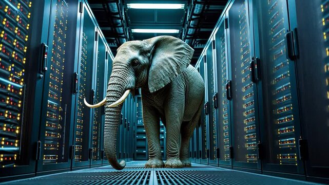 An elephant wanders through a dimly lit data center, surrounded by rows of server racks illuminated by blinking lights, creating a surreal atmosphere.
