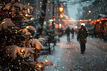 Obraz premium Frosty winter scene with blurred Christmas tree and falling snowflakes