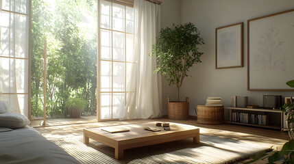 Fototapeta premium cozy living room with traditional Japanese low table, bright sunlight streaming in, and greenery