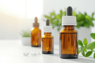 Essential oils and homeopathy bottles in a sunlit herbal apothecary, 3D illustration