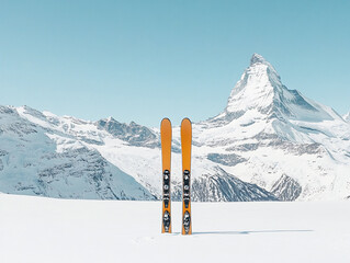 A ski set in the snow freezing mountains in the background with copy space for text clear weather in winter skiing time
