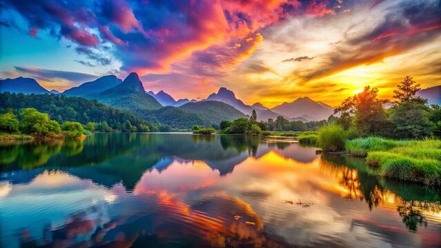 Serene Caderas Landscape at Dusk with Vibrant Colors and Soft Light Reflecting on Tranquil Waters Surrounded by Lush Greenery and Majestic Mountains in the Background