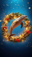A Christmas dolphin jumping through a glowing wreath, icy ocean background