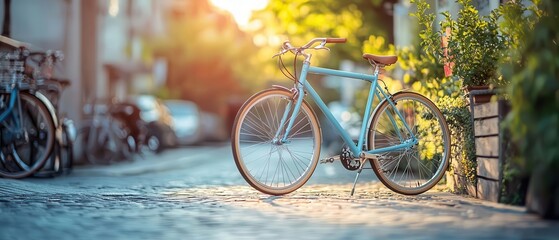 Fototapeta premium A vintage blue bicycle rests beside a cobblestone path, surrounded by greenery, capturing a serene urban moment in soft sunlight.