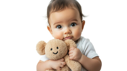 Adorable baby cuddling a plush teddy bear, radiating warmth and innocence.