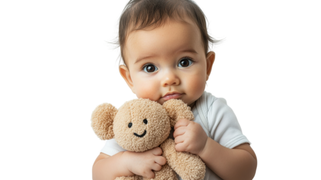 Adorable baby cuddling a plush teddy bear, radiating warmth and innocence.