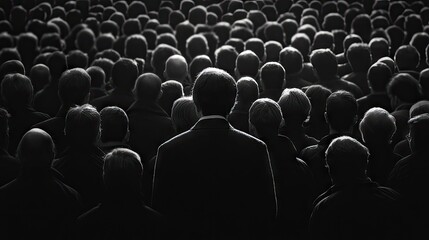 A lone figure stands in front of a large crowd, shrouded in shadows, emphasizing themes of isolation, identity, and the contrast between individuality and conformity in society.