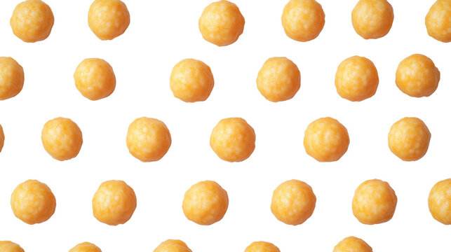 A vibrant pattern of Chinese fish balls arranged neatly on a black background.
