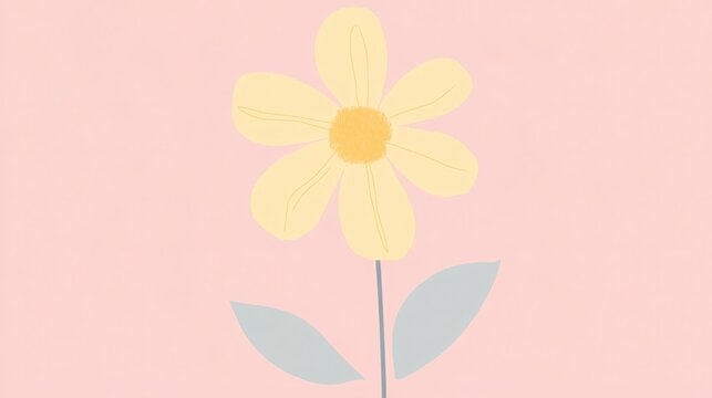 Minimalist illustration of a yellow flower with green leaves on a soft pink background, ideal for modern and whimsical designs, perfect for various creative projects.