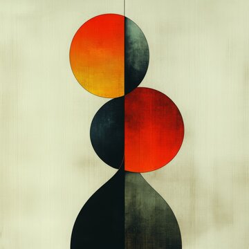 Abstract Artwork with Geometric Shapes Featuring Two Circles and One Organic Form in Bright Red, Orange, and Black against a Pale Background