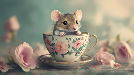 Charming illustrated mouse in a floral tea cup - a whimsical delight for animal lovers. Whimsical Tea Party. Illustration