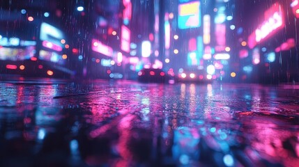 Fototapeta premium Rainy Night in the City: Neon Lights Reflecting on Wet Pavement