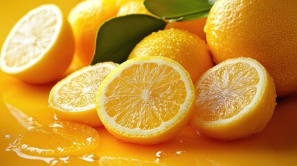 Freshly Cut Lemon Slices on Bright Yellow Background with Dew Drops and Green Leaves, Perfect for Culinary and Health-Related Themes