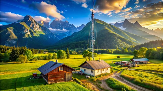 Serene Landscape Featuring a Ham Radio Base Station Set Against Majestic Mountains and Clear Skies, Perfect for Ham Radio Enthusiasts and Nature Lovers Alike