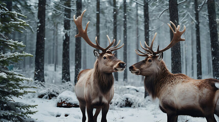 Fototapeta premium A group of reindeer standing gracefully in a snowy forest, with frost-covered pine trees and soft snowfall blanketing the ground.