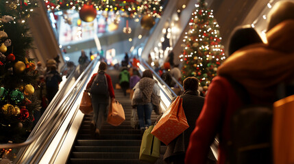 people using escalator inside of a mall sale sign over a shop holiday season shopping bags christmas decorations