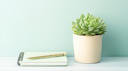 A succulent plant in a beige pot sits beside a notebook and a pen on a light wooden surface against a mint green wall.