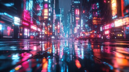 Obraz premium Neon Cityscape Raining Night: A Cyberpunk Dream, Reflecting Lights and Streets