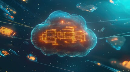 A floating digital cloud surrounded by firewalls, glowing with layers of data encryption symbols. Bright lines of code swirl around the cloud, representing the protection.