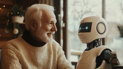 Warm Interaction Between a Happy Elderly Man and a Friendly Robot Companion in a Cozy Indoor Setting with Soft Lighting