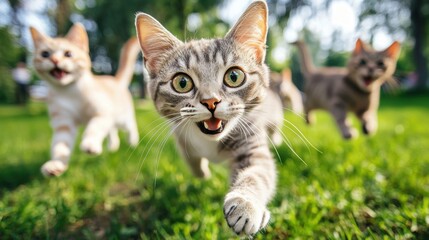 Naklejka premium Playful Cats Running in a Bright Green Park, Capturing the Joy and Curiosity of Feline Friends Exploring Nature on a Sunny Day