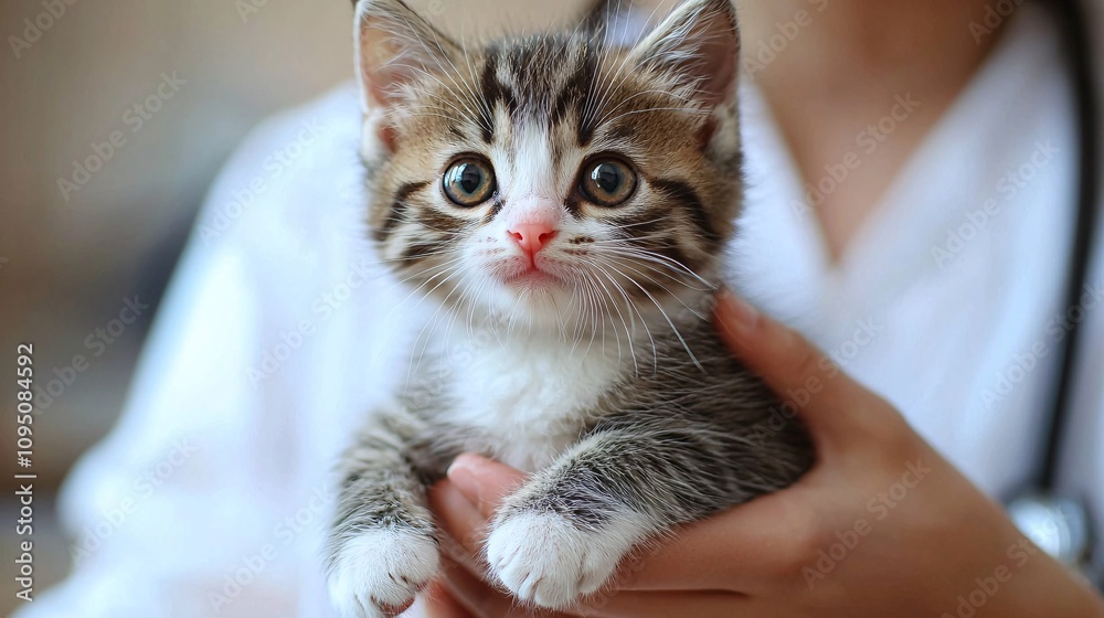Poster vet in a bright clinic holding a kitten while discussing its health with the owner symbolizing care 